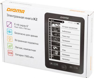 ����������� ����� Digma K2 6" E-ink HD Pearl 758x1024 600MHz/4Gb/microSDHC/��������� ������� �����-�����