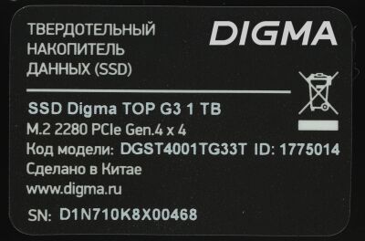 ���������� SSD Digma PCIe 4.0 x4 1TB DGST4001TG33T Top G3 M.2 2280