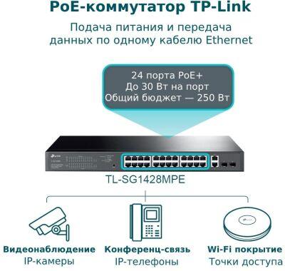 ���������� TP-Link Easy Smart Switch TL-SG1428PE 26x1����/� 2SFP 24PoE+ 250W �����������